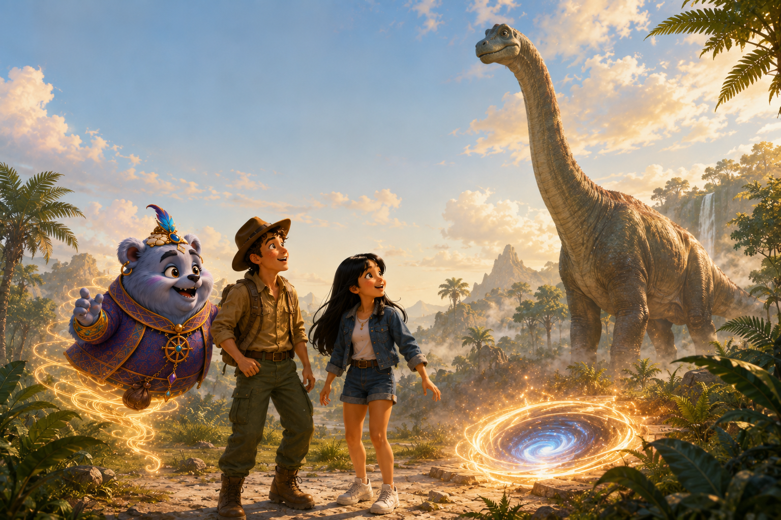 Jack, Jia and Zafir hiding from a dinosaur in a jungle clearing