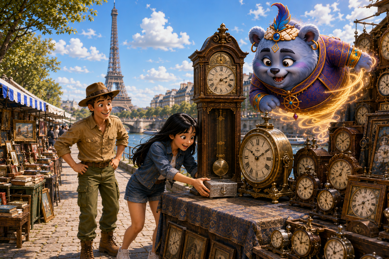 Jack, Jia and Zafir at a Paris clock market
